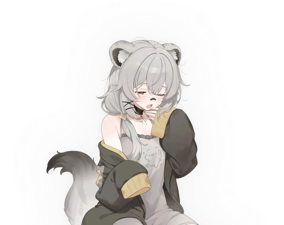 NYUFIE, a silver-haired ferret girl, looking sleepy