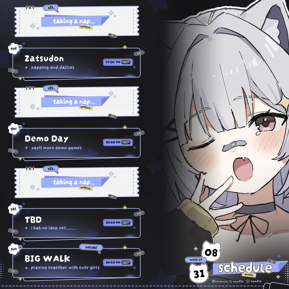 Nyufie's weekly streaming schedule